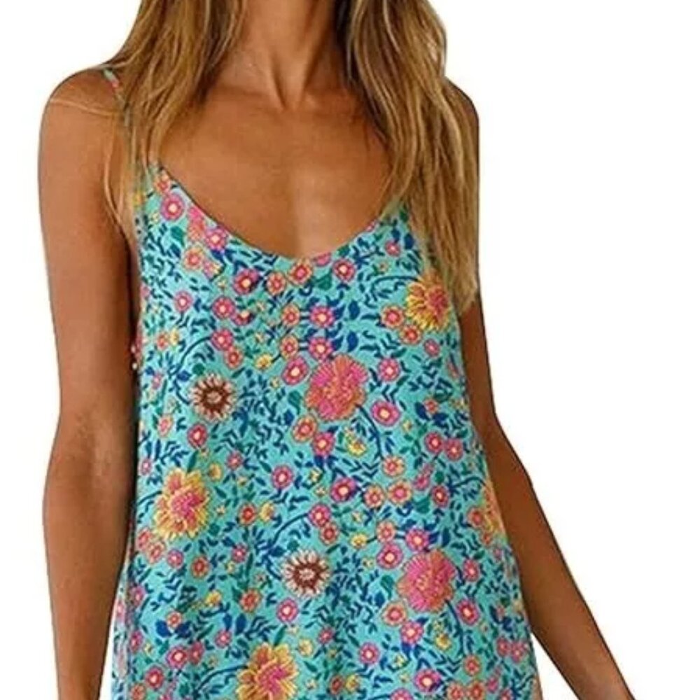 Sleeveless Turquoise Floral V-Neck Summer Dress
